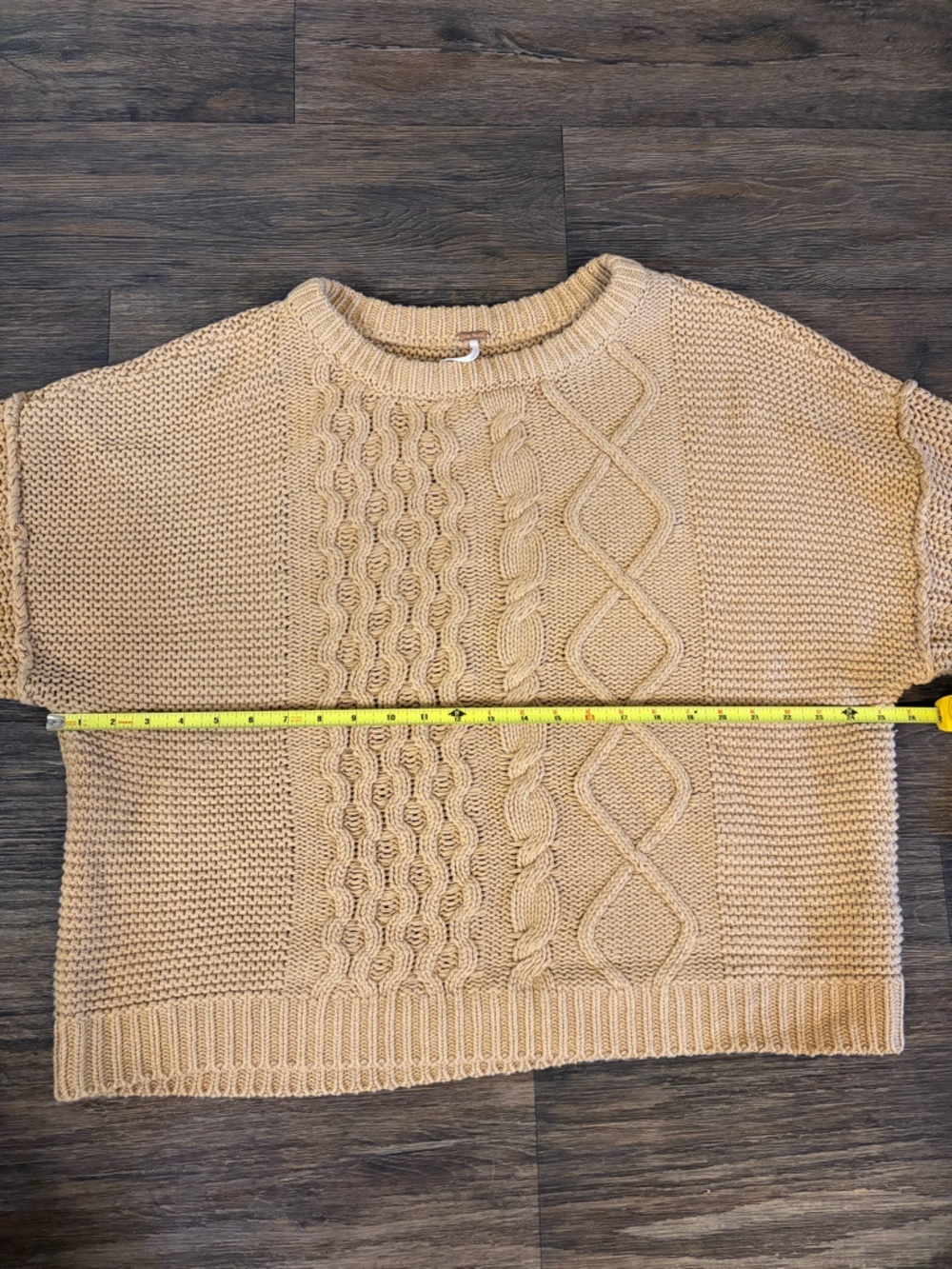 Free People Boho Sweater Dream Cable Crewneck Heavyweight Camel Brown Size XL - Picture 6 of 8